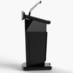 Black digital podium with built-in lockable 6RU AV cabinet, front display, angled worktop & gooseneck microphones.