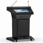Podium lectern with worktop touchscreen, XLR gooseneck microphones, lockable 6RU cabinet, power & data input panels, on locking castors