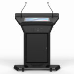 Podium lectern with worktop touchscreen, XLR gooseneck microphones, lockable 6RU cabinet, power & data input panels, on locking castors