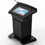 Podium lectern with worktop touchscreen, XLR gooseneck microphones, lockable 6RU cabinet, power & data input panels, on locking castors