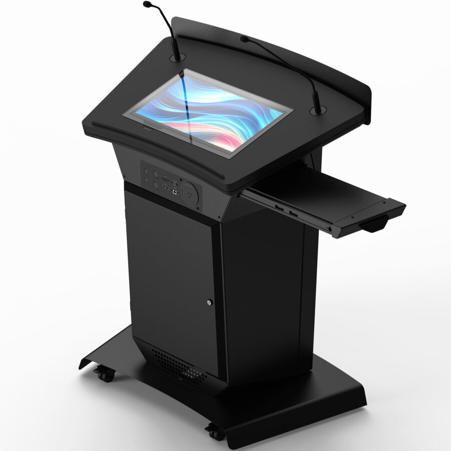 Podium lectern with worktop touchscreen, laptop shelf, lockable 6RU cabinet with shelves & ventilated panels, locking castors