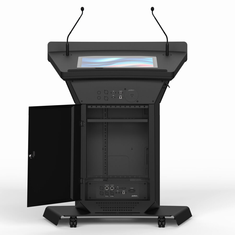 Rear view of podium lectern, showing hinged door open, 6RU racking, shelves, cable management, data input panels, castors & worktop monitor