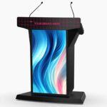 Podium lectern with 43" HD digital display, logo panel privacy shield, sleek black finish, gooseneck microphones and wide black base