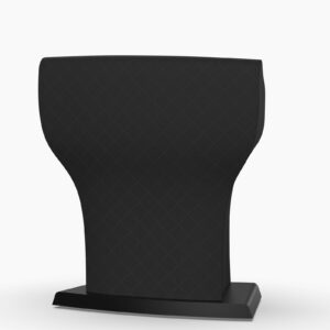 Podium lectern shown with a black quilted protective dust cover on
