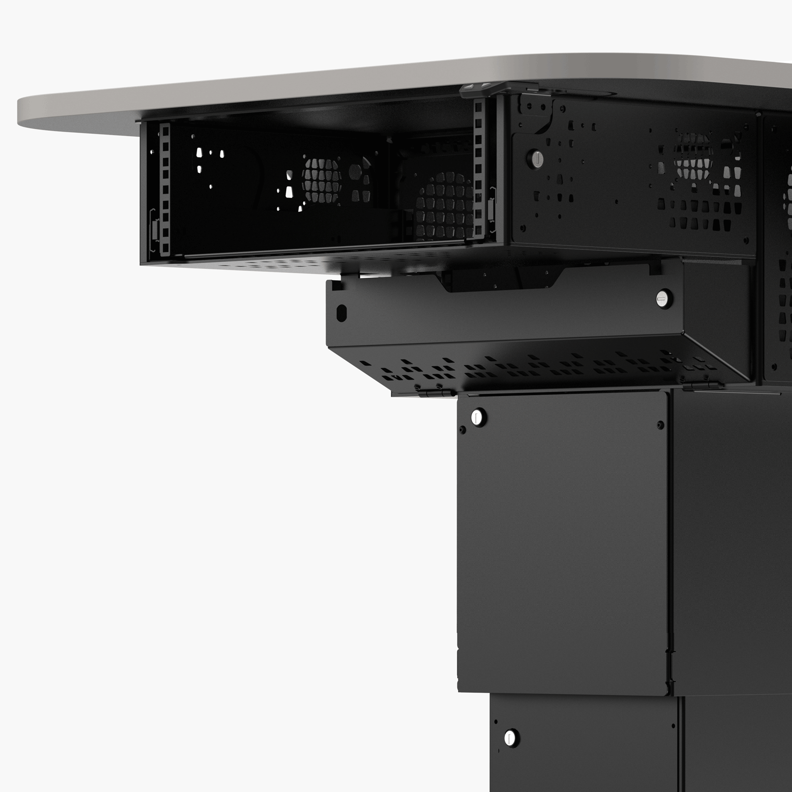 Multimedia lectern animation showing lockable hinged access panel to 5RU rack opening and closing
