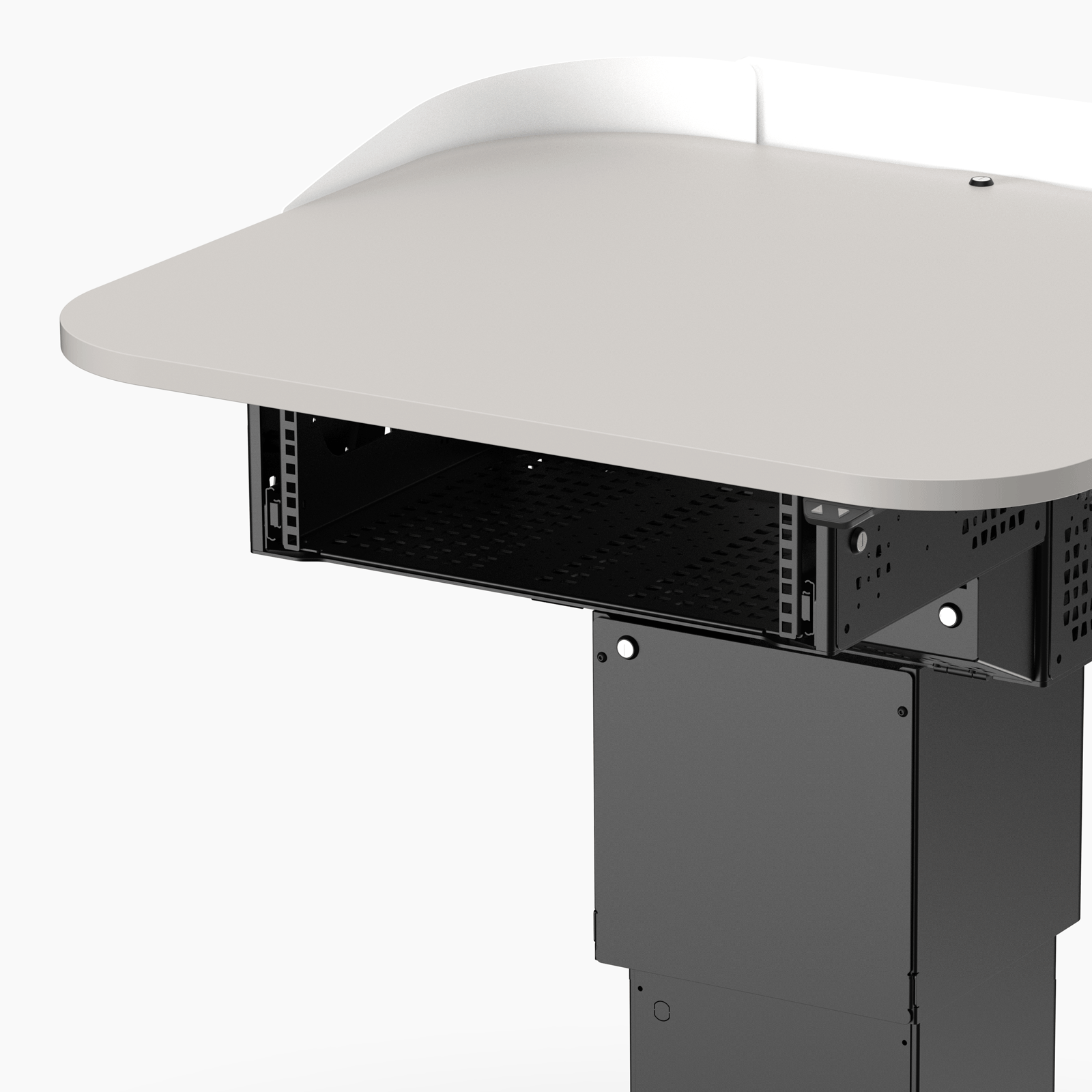Multimedia lectern animation showing 3ru slide out tray open and close