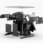 Multimedia lectern showing equipment access with removable worktop, column & side panels, open base cover & unlocked logo panel