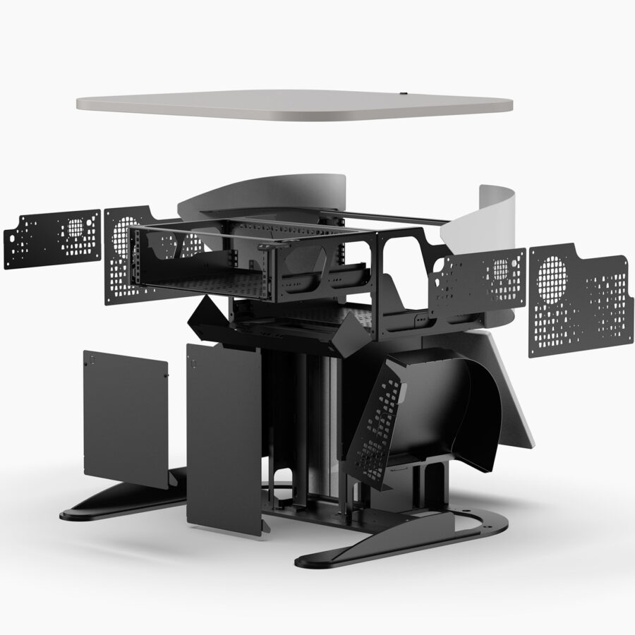 Multimedia lectern showing equipment access with removable worktop, column & side panels, open base cover & unlocked logo panel