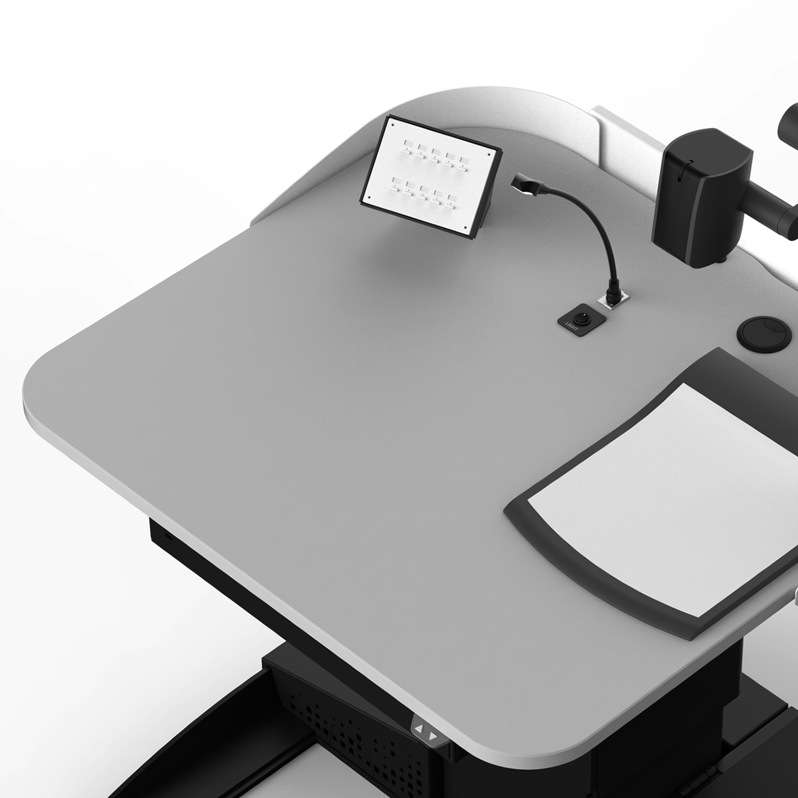 Mutlimedia lectern flat worktop showing layout of control panels, microphones, switches & cable grommets