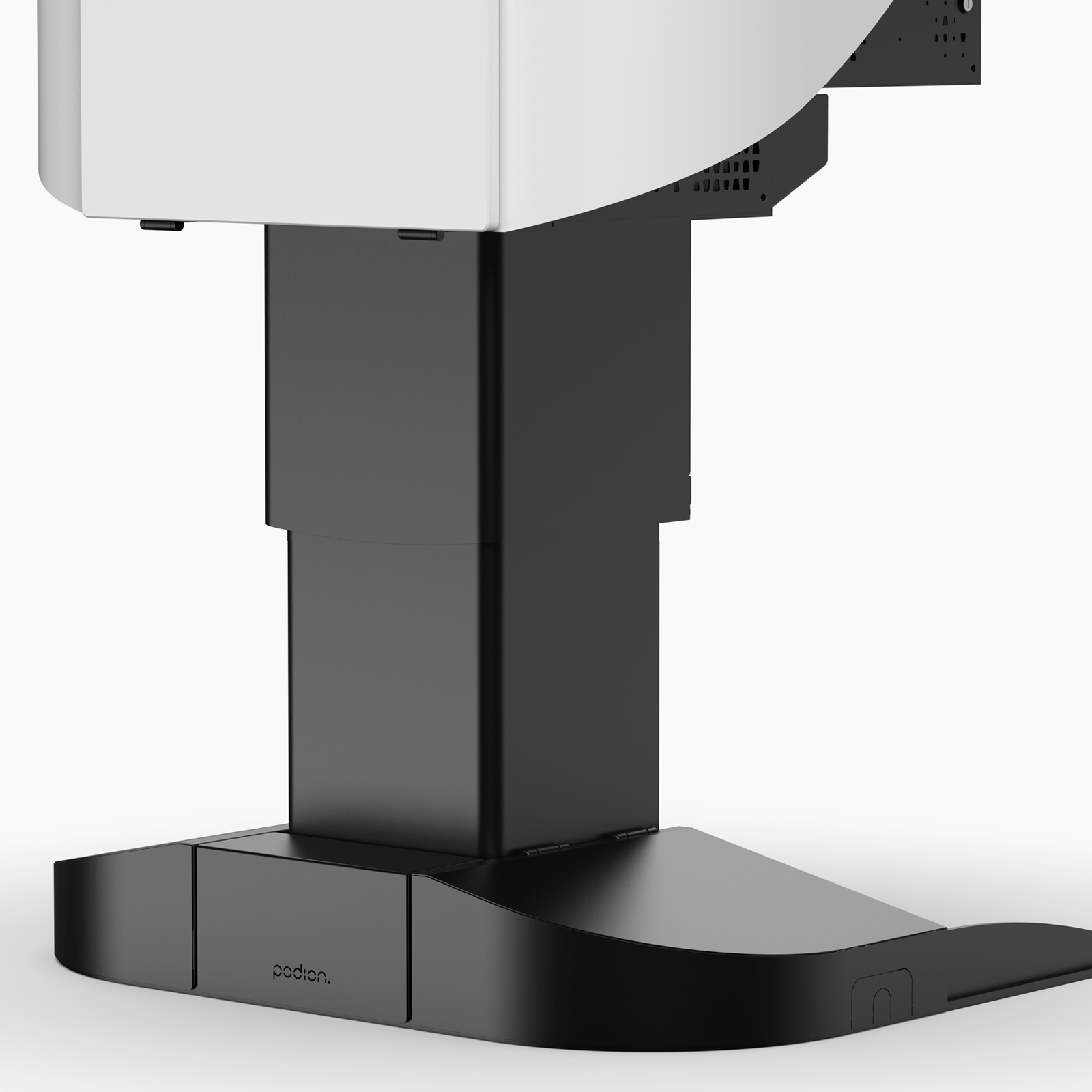 Multimedia lectern showing flip up base cover for floorbox access & cable routing