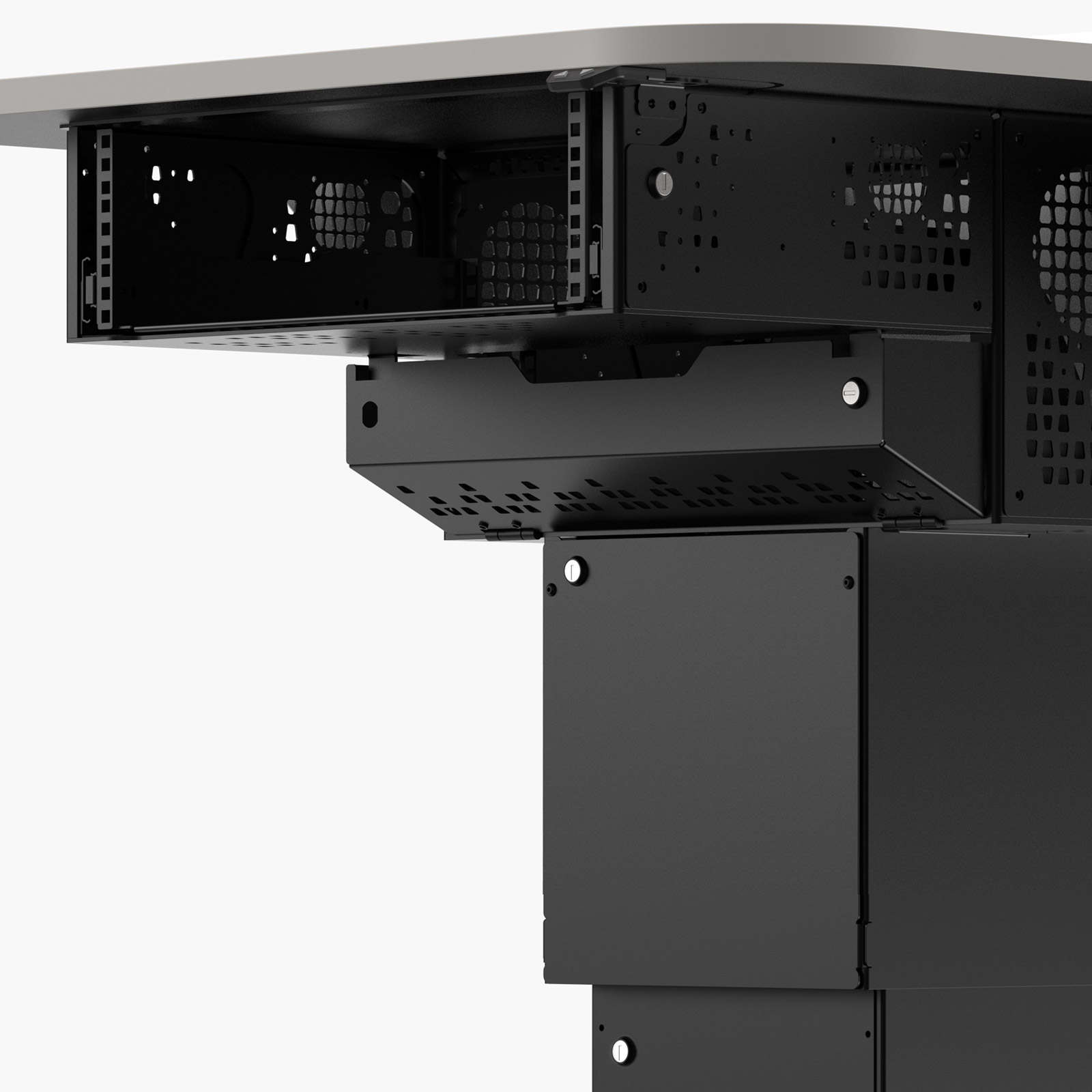 Multimedia lectern showing keyed locks on removable side panel, column covers & 3ru access door