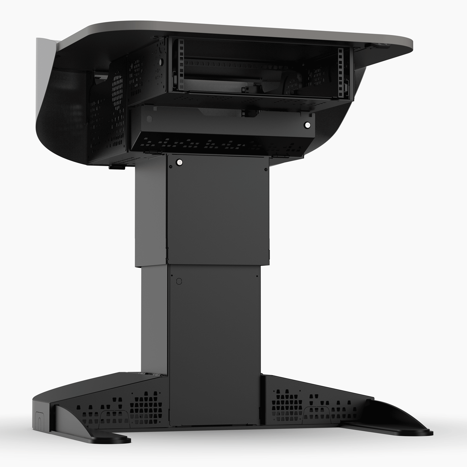 Multimedia lectern with lockable, removable column covers for internal cable access.
