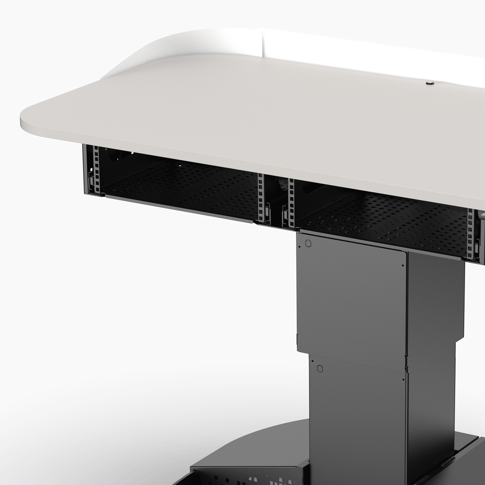 Multimedia lectern animation showing two 3ru rack trays sliding out for equipment access