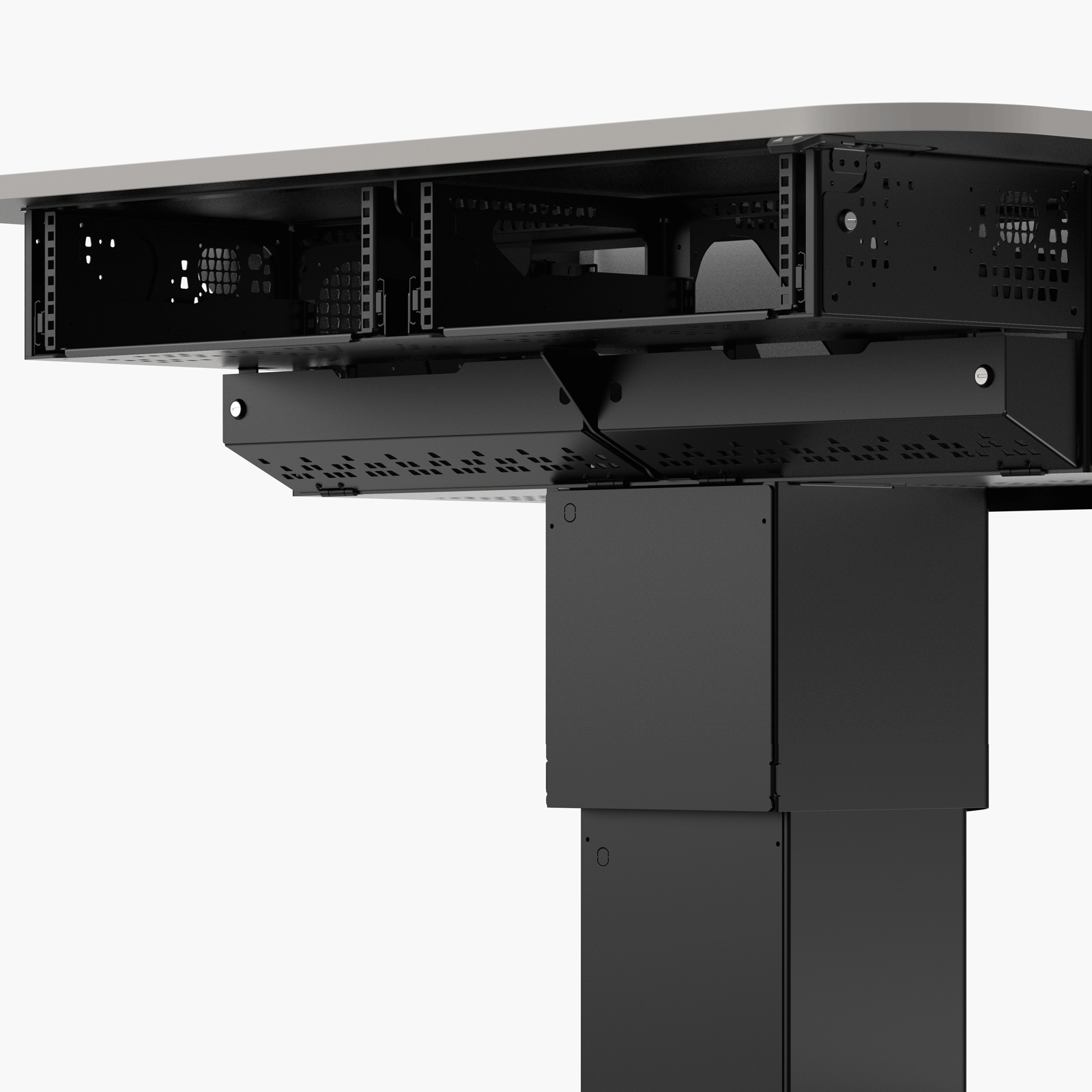 Multimedia lectern showing lockable hinged access panel to 5RU rack bay opening and closing