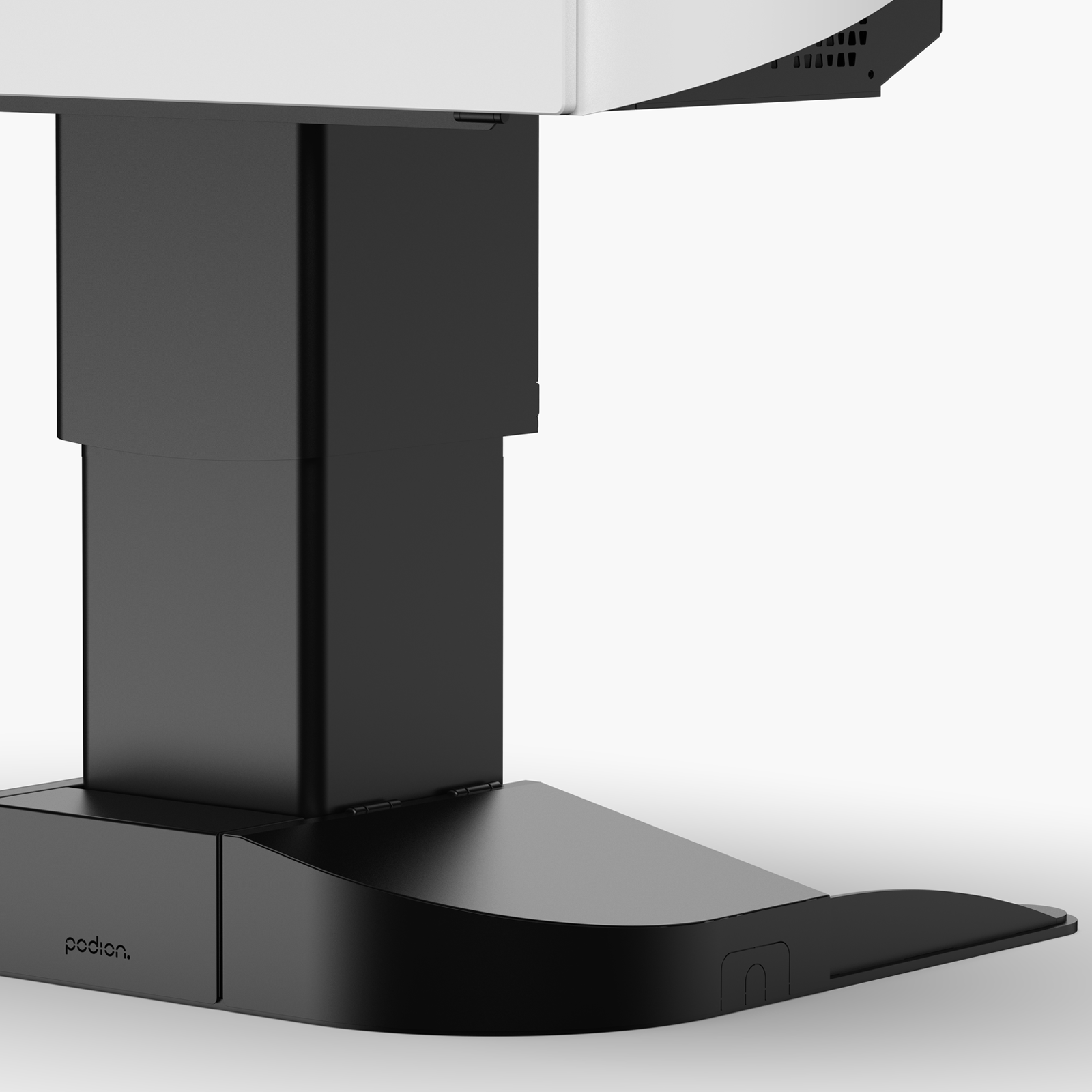 Multimedia lectern showing flip up base cover for floorbox access & cable routing