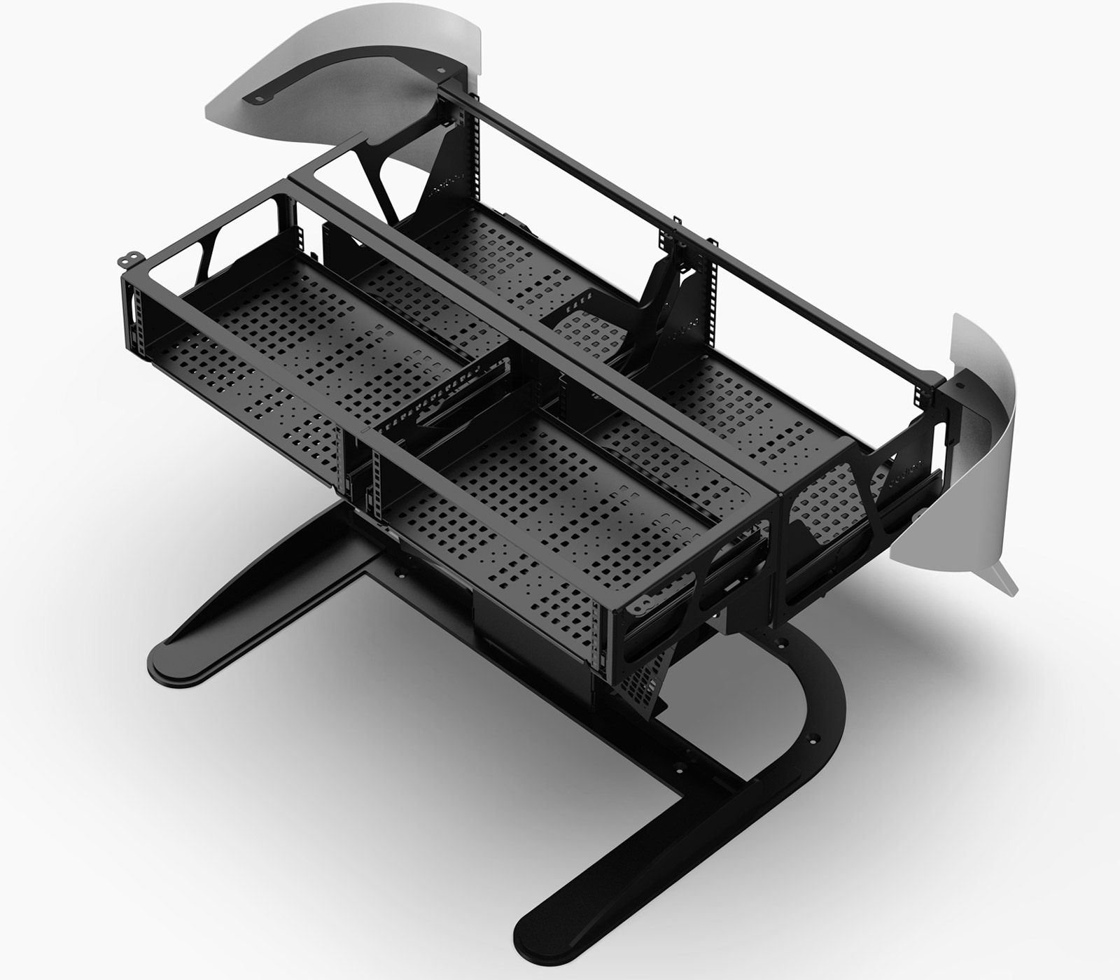 Multimedia lectern with panels removed to show internal 5RU & 3RU rack bays in ventilated steel chassis