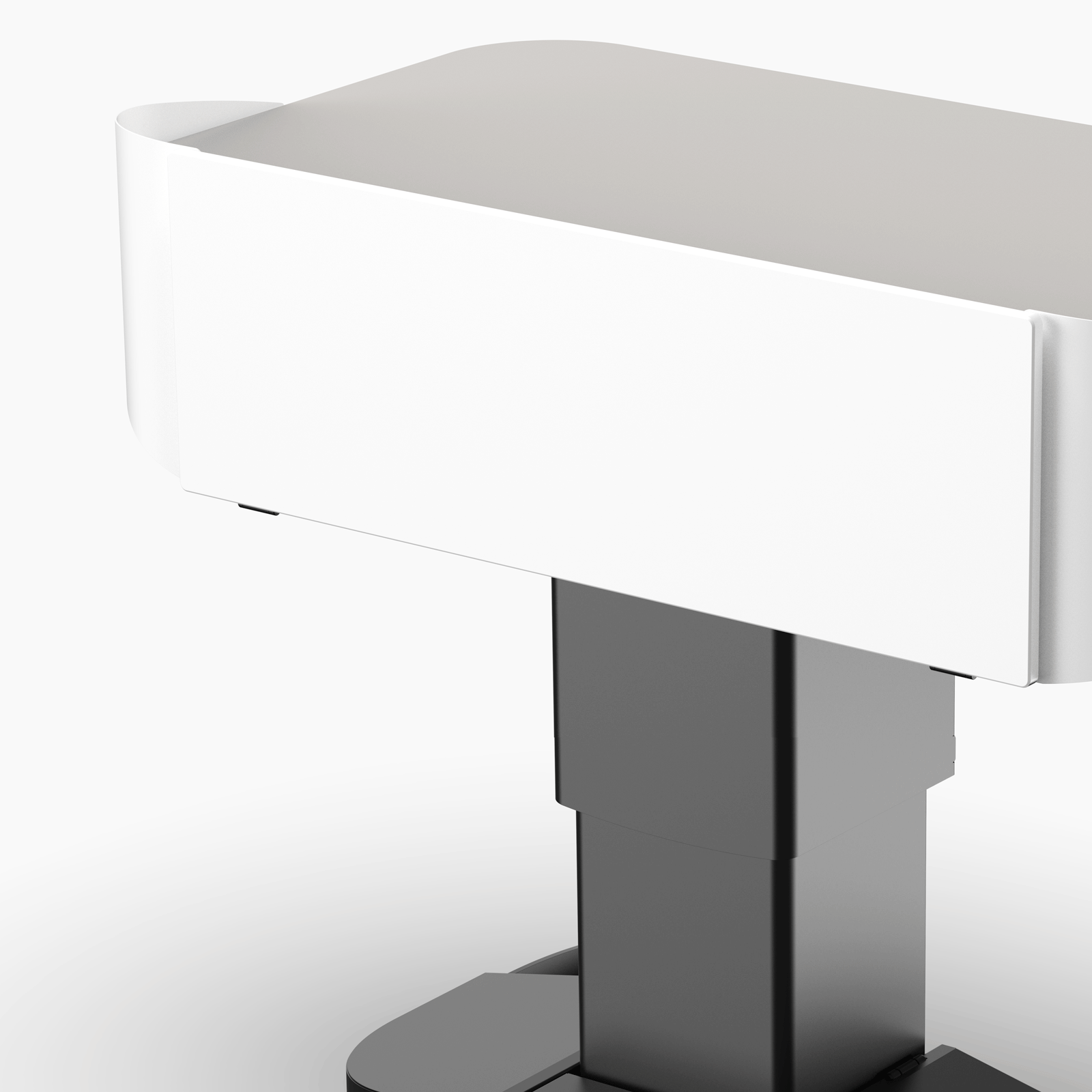 Multimedia lectern showing access to 5RU rack bay via drop down logo panel & slide-out rack tray