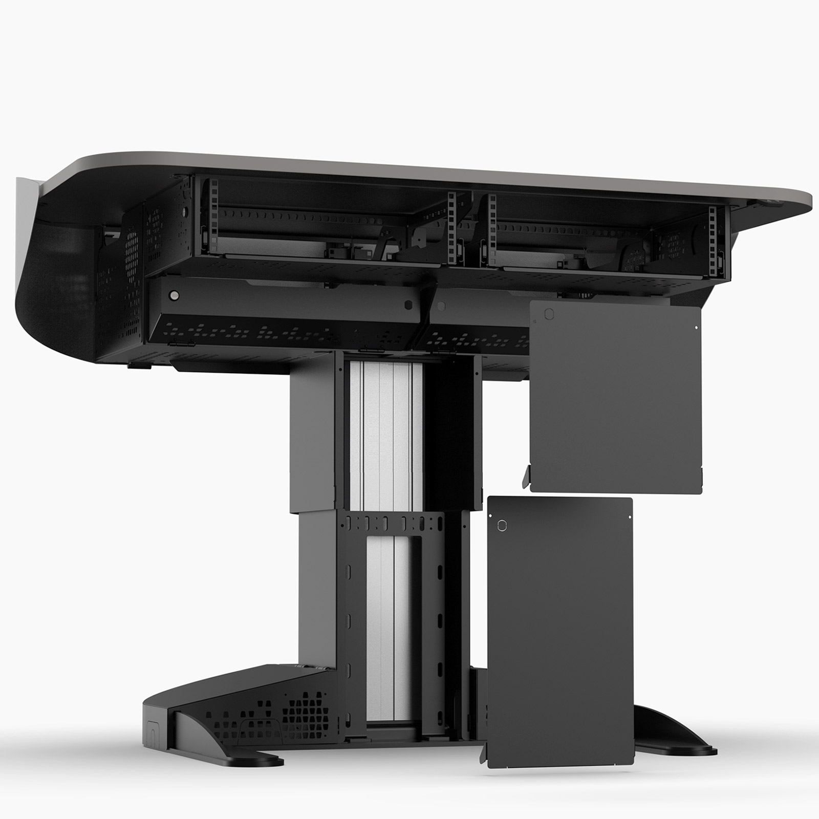 Multimedia lectern with lockable, removable column covers for internal cable access.