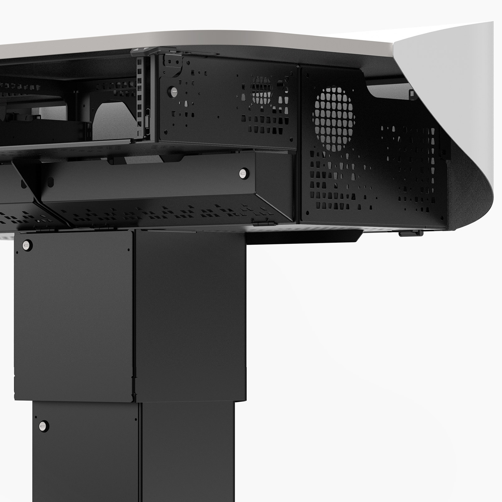 Multimedia lectern showing optional keyed alike locks on column cover, side panels and access panels