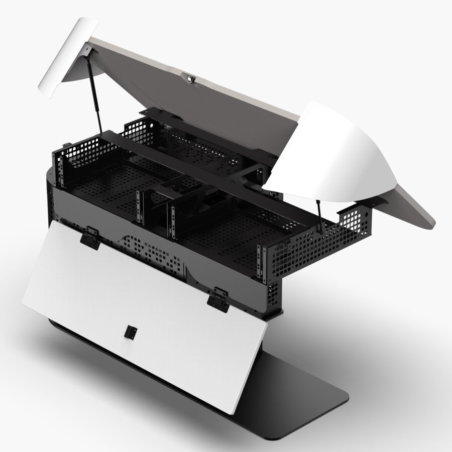 Lectern with gas-lift hinged worktop for access to 3ru rack bays for equipment installation