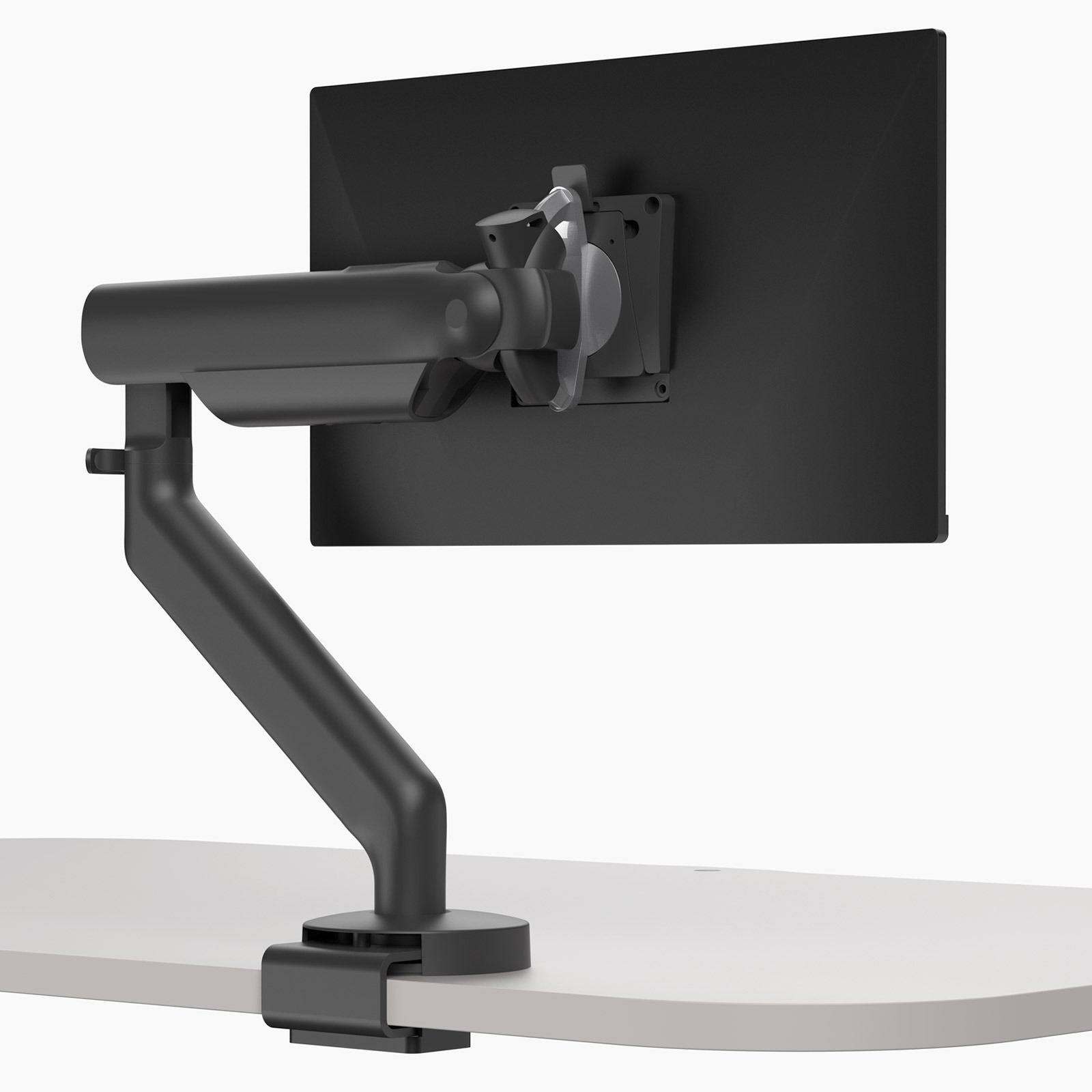 Black Flo X Monitor Arm clamped to lectern worktop to support heavier 3-18kg single screen