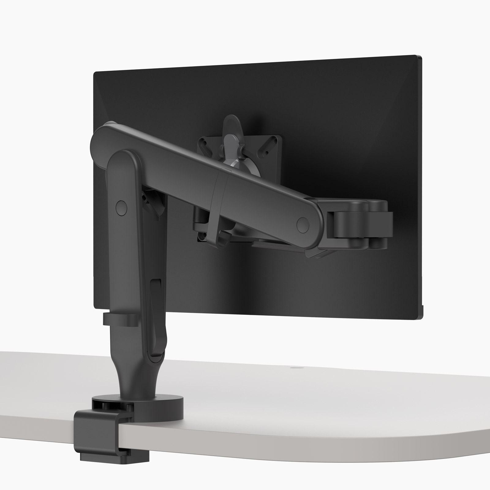 Black Ollin Monitor arm clamped to lectern worktop and holding single screen 0-9kgs
