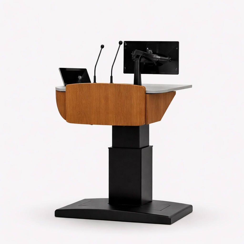 Custom timber wrap logo vinyl wrap on logo panel on multimedia lectern