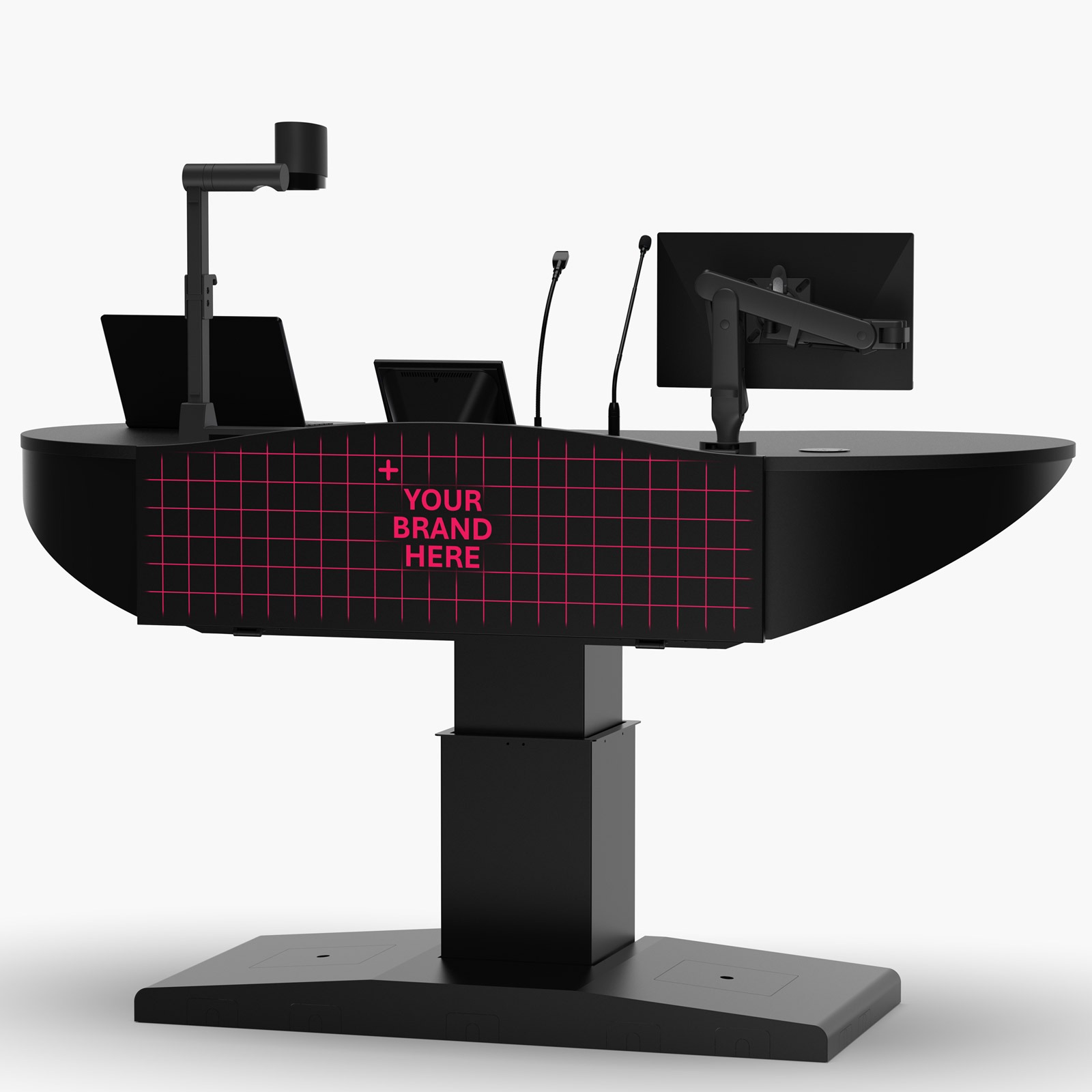 large black university multimedia lectern with custom logo panel