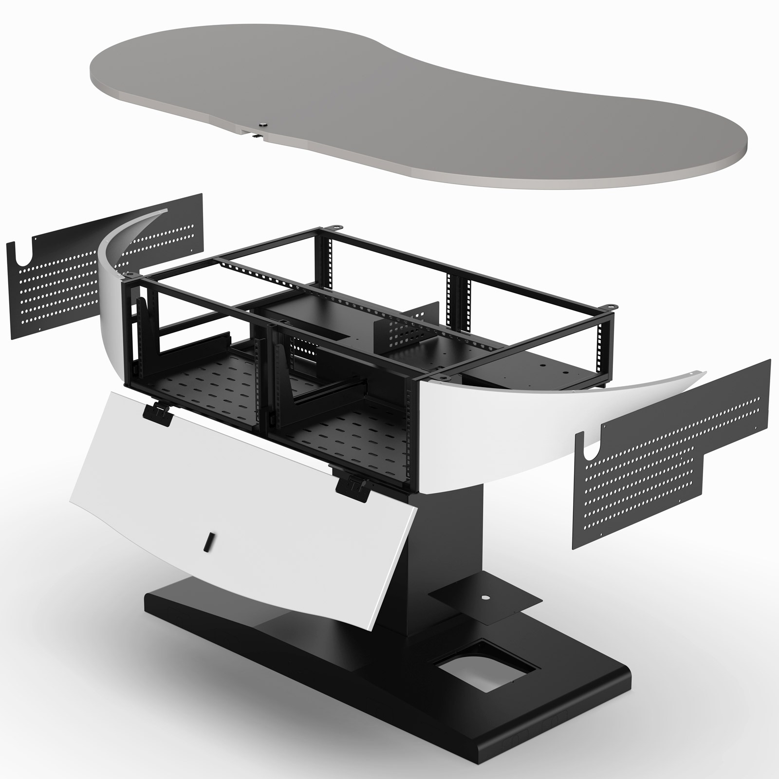 Multimedia lectern with dropdown logo panel, removable worktop, side panels and access hatches for equipment access