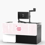 Multimedia lecturers desk with height adjustment, wheelchair access, roll out AV rack & custom logo panel