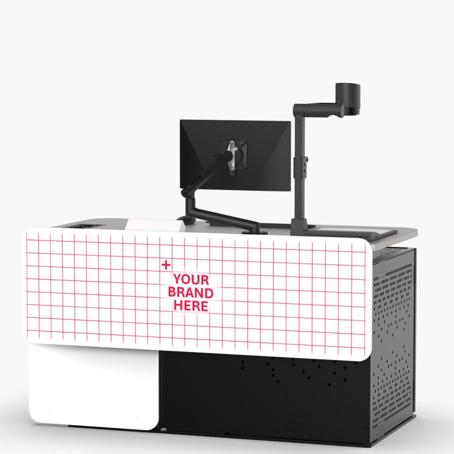 Multimedia lecturers desk with height adjustment, wheelchair access, roll out AV rack & custom logo panel