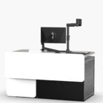 Multimedia lecturers desk with height adjustment, wheelchair access, roll out AV rack & custom logo panel