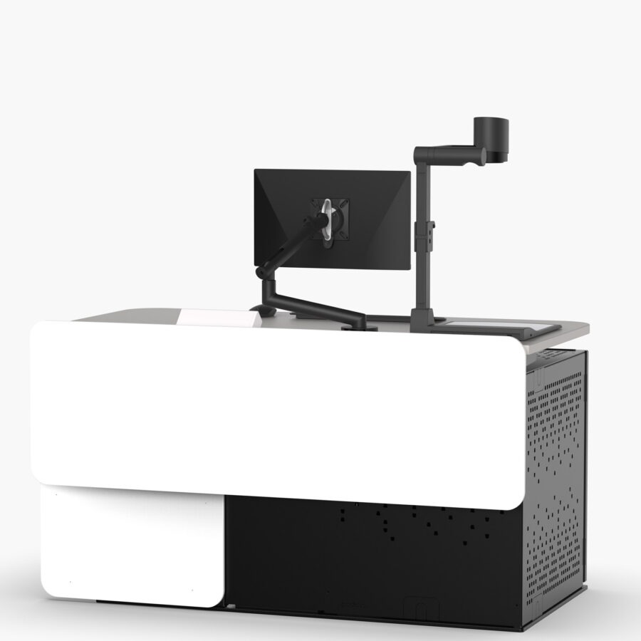 Multimedia lecturers desk with height adjustment, wheelchair access, roll out AV rack & custom logo panel