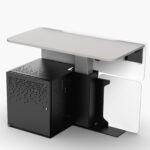 Height adjustable multimedia teachers lectern desk with ventilated cabinet, roll out AV rack on castors & logo panel