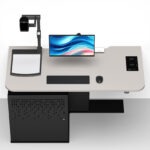 Wall positioned multimedia teachers desk showing integrated worktop AV equipment