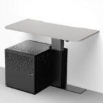 Height adjustable multimedia teachers wall desk with ventilated cabinet and roll out AV rack on castors