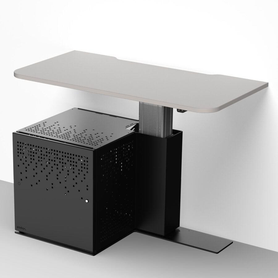 Height adjustable multimedia teachers wall desk with ventilated cabinet and roll out AV rack on castors