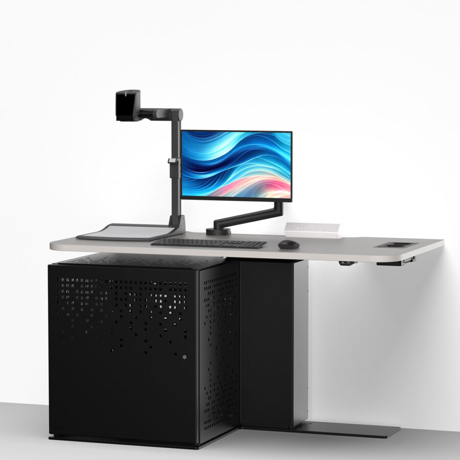 Multimedia teachers desk, positioned against a wall, with av rack cabinet & wheelchair access