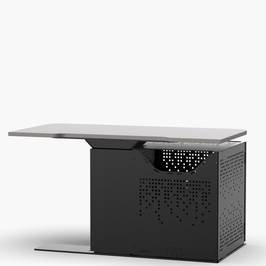 Mutlimedia teachers desk showing the side that sits against a wall, with cable management and ventilated av cabinet