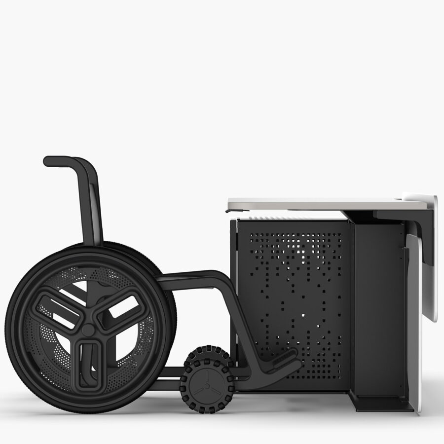 Wheelchair accessible mutlimedia desk lectern with av rack cabinet and logo and modesty panel