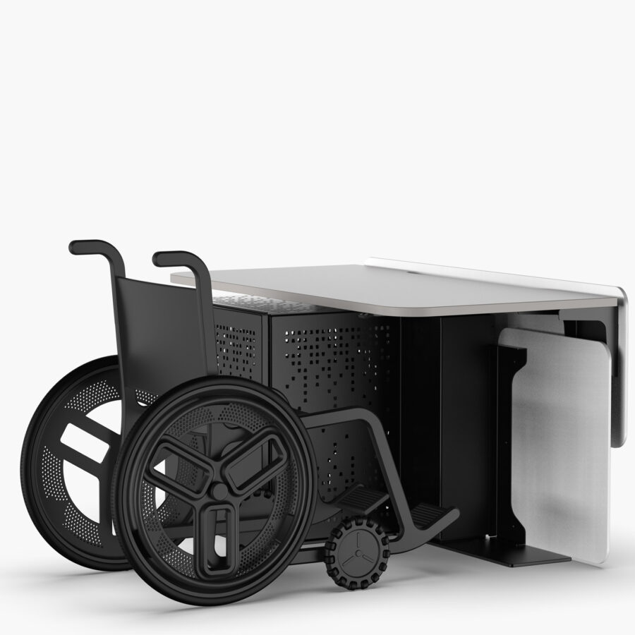 Wheelchair accessible mutlimedia desk lectern with av rack cabinet and logo and modesty panel