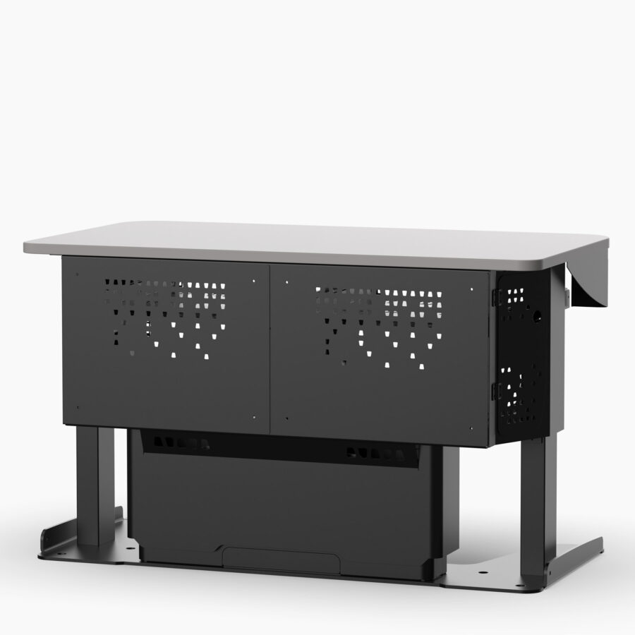 Multimedia workstation desk with ventilated rack storage for av equipment