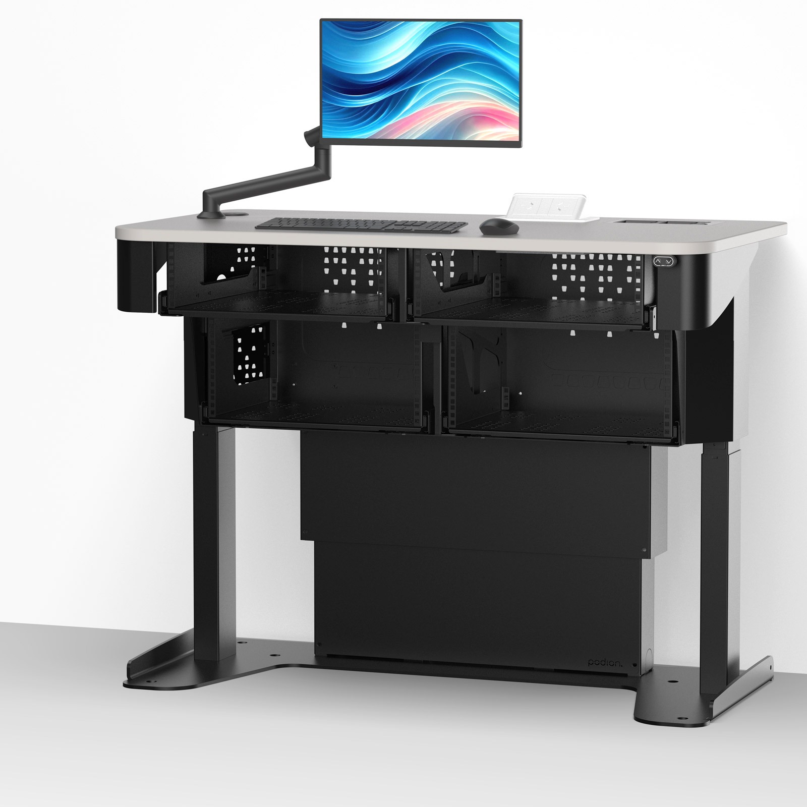 Multimedia workstation desk, freestanding, against a wall with wheelchair access and height adjustment