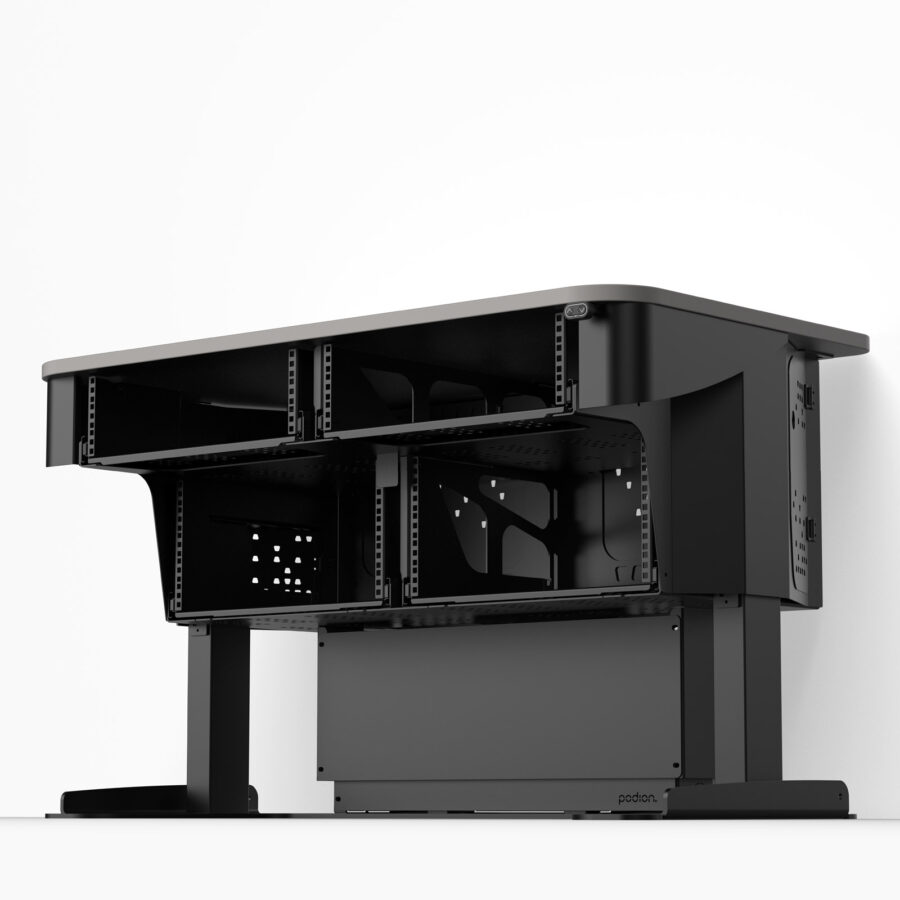 Multimedia workstation desk with ventilated rack enclosures for AV and IT equipment