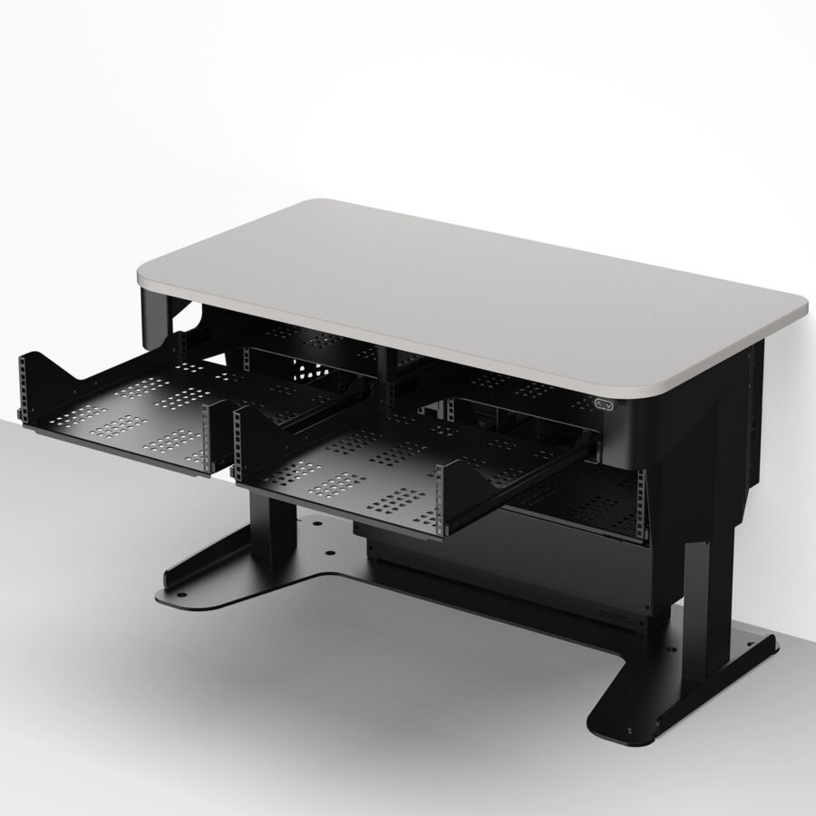 Touchdown point multimedia lectern with 3RU slide out rack trays open