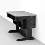 Wall positioned multimedia workstation with ventilated rack enclosures and height adjustment