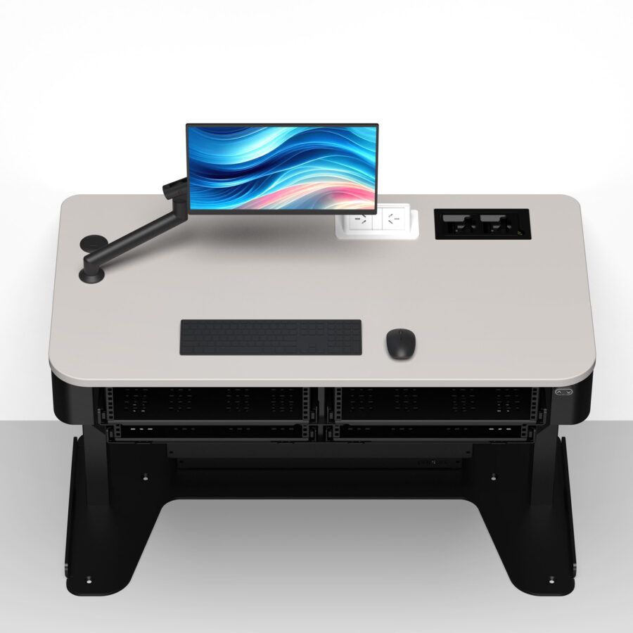 Wall positioned lectern featuring integrated monitor arm, recessed power modules, keyboard workspace and concealed AV racks.