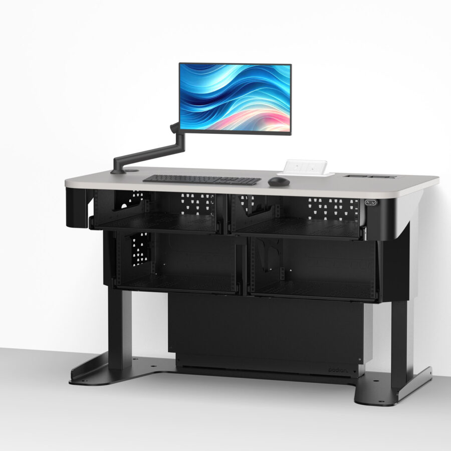 Multimedia lectern desk positioned freestanding against a wall. Wheelchair access & height adjustable.