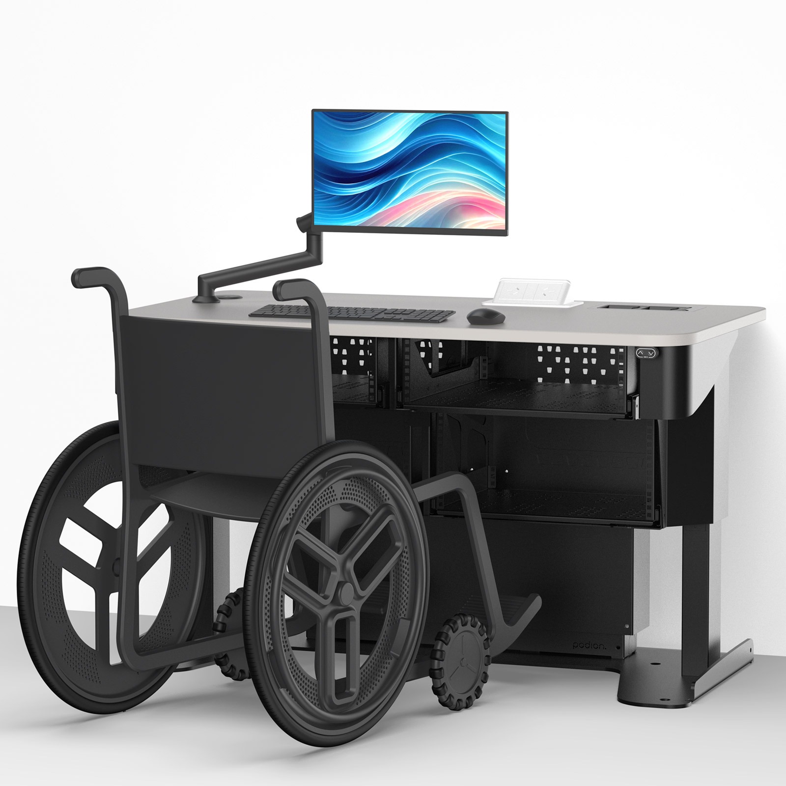 Multimedia lectern desk positioned freestanding against a wall. Wheelchair access & height adjustable.